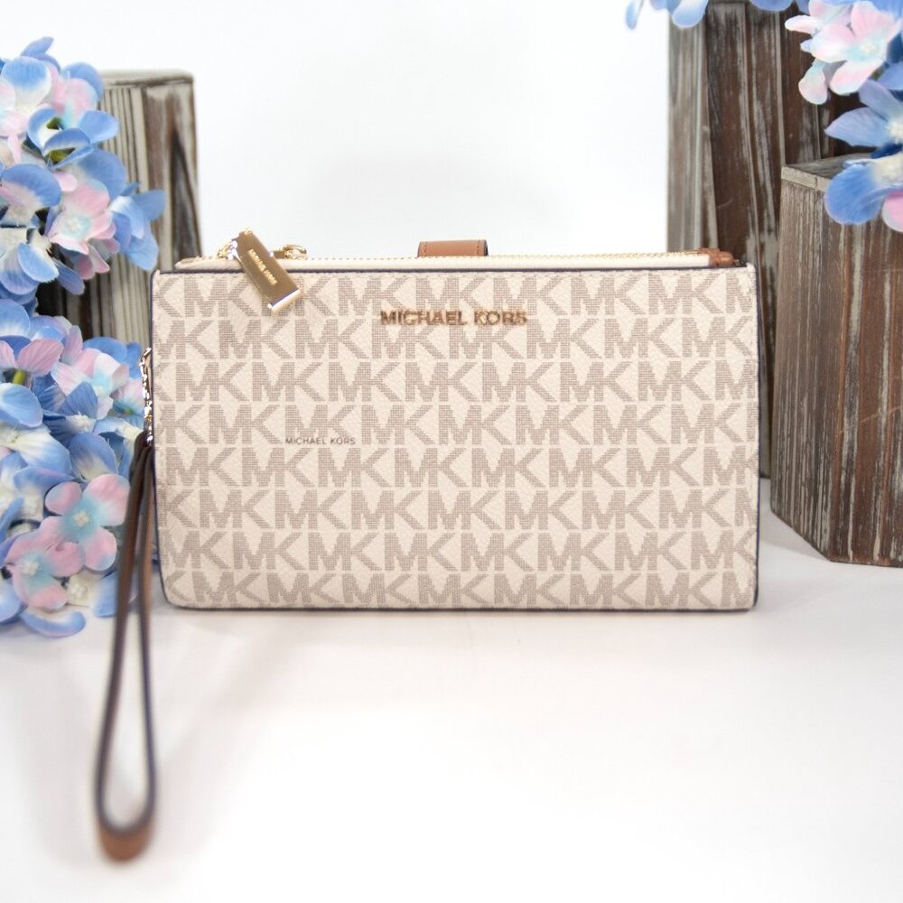 Michael Kors Vanilla Monogram Logo Adele Double Zip Phone Wristlet NWT